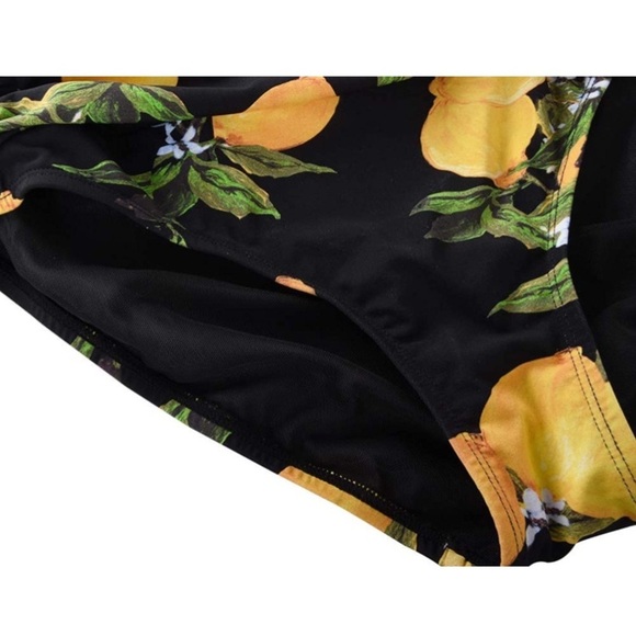 NWT Hilor black with lemons one ruffled shoulder one piece swimsuit ruched. - Picture 4 of 15